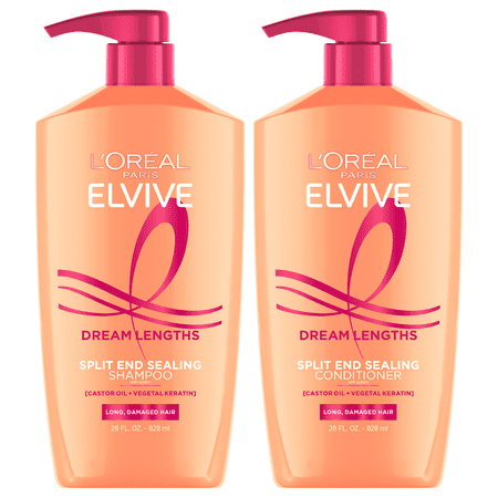 L'Oreal Paris Elvive Dream Lengths Restoring Shampoo and Detangler Conditioner Set with Castor Oil, 28 fl oz