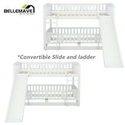 Bellemave Twin over Twin Bunk Bed , Floor Bunk Bed with Slide, Ldder, Door Openable Fence, Wooden Bunk Bed (White)
