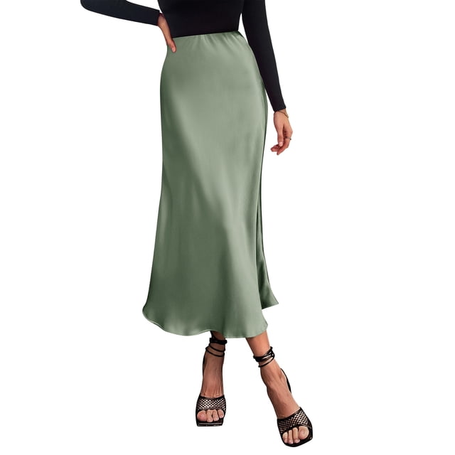 Falda PRETTYGARDEN Satinada Midi de Cintura Alta Verde Claro S