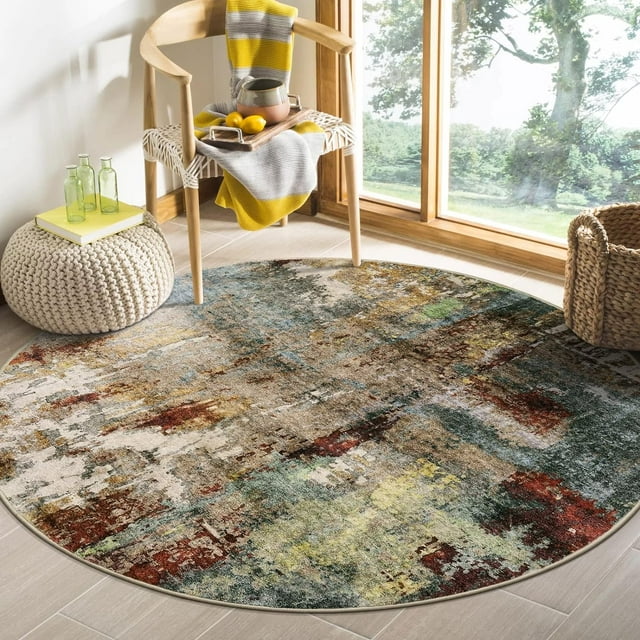 TEMOGU-Modern Abstract Round Rug 4Ft - Washable 4x4 Circle Rugs for Living Room Bedroom Bathroom Non Slip, Soft Indoor Floor Carpet for Kitchen Entryway Family Room, Red/Multi