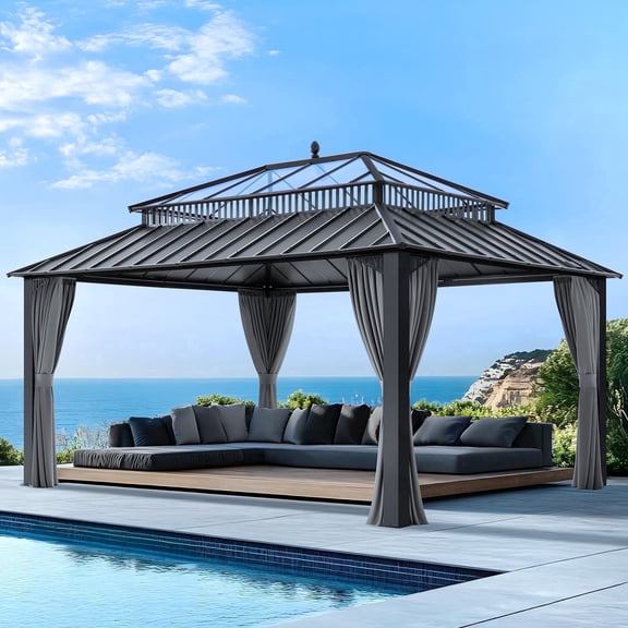 Sunjoy 16x12 Outdoor Gazebo, Steel & PC Roof Hardtop Gazebo with Curtain and Netting, Gray Aluminum Posts,Kingston Series