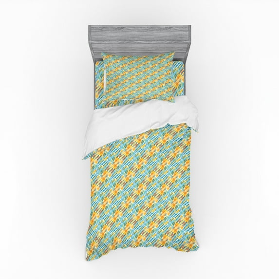 Abstract Duvet Cover Set, Brush Marks Diagonal Stripes Design Colorful Abstract Arrangement Ornate Pattern, Bedding Set with Shams and Fitted Sheet, 3 Sizes, by Ambesonne