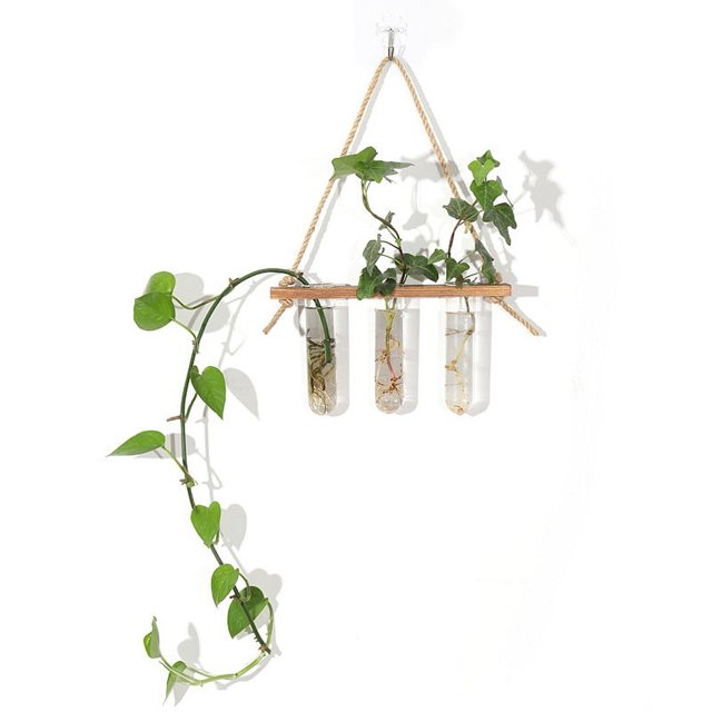 Tubo de ensayo de planta hidropónica de vidrio montado en la pared Tubo de ensayo hidropónico Decoración de pared Colgante de madera maciza Jarrón de pared montado en la pared
