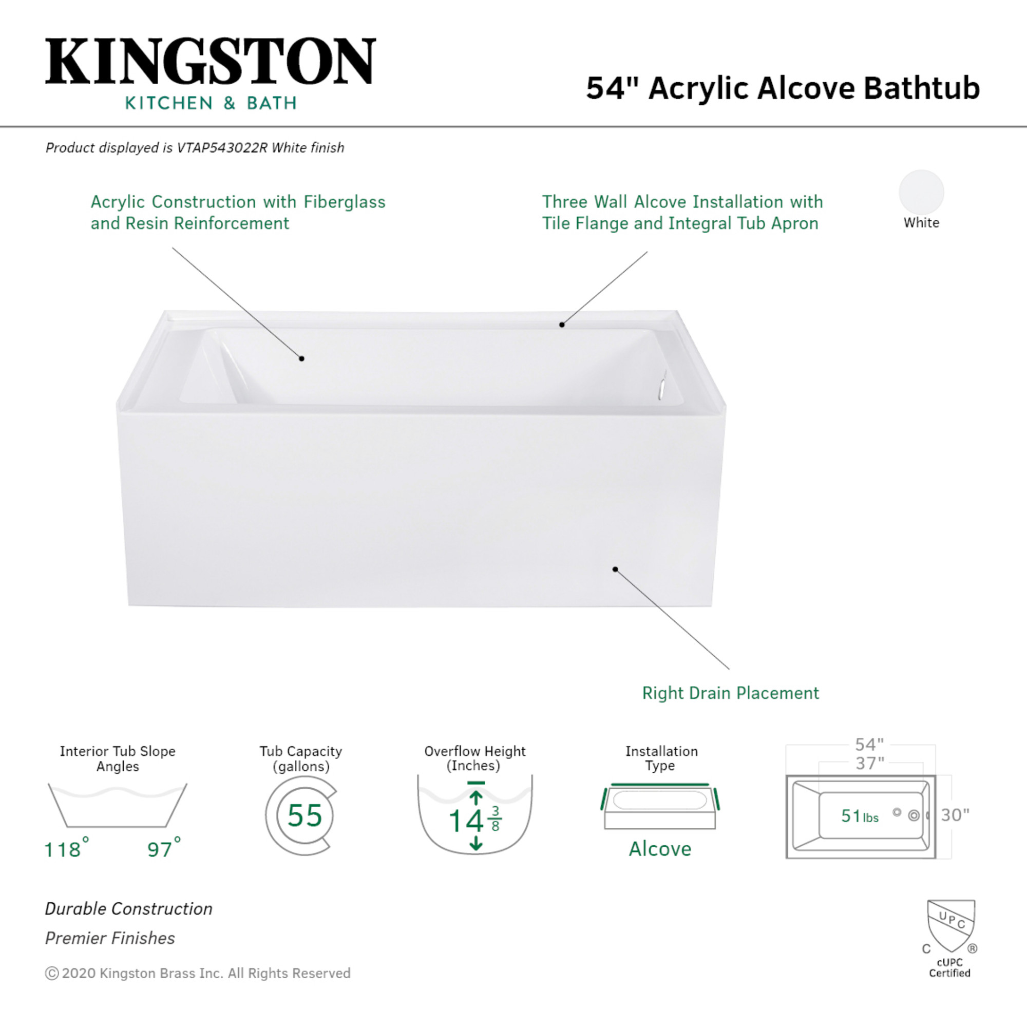 Aqua Eden VTAP543022R 54-Inch Acrylic Rectangular 3-Wall Alcove Tub, Right Hand Drain in Glossy White