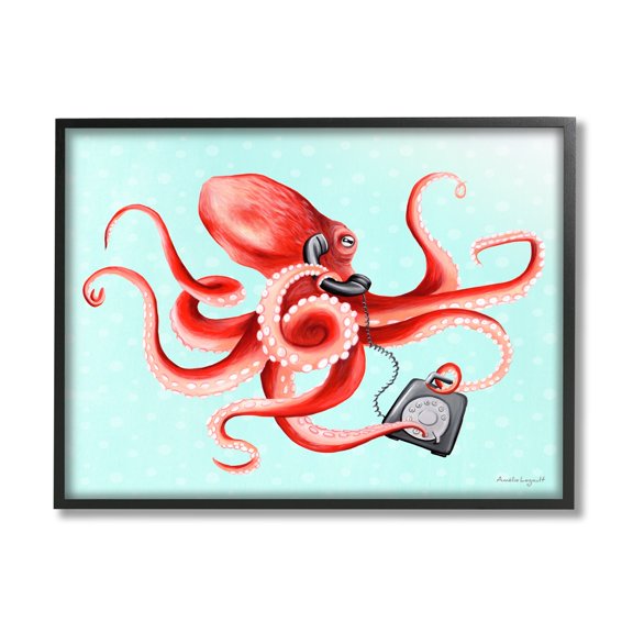 Stupell Industries Red Ombre Octopus Tentacles Retro Rotary Phone Graphic Art Black Framed Art Print Wall Art, Design by Amelie Legault