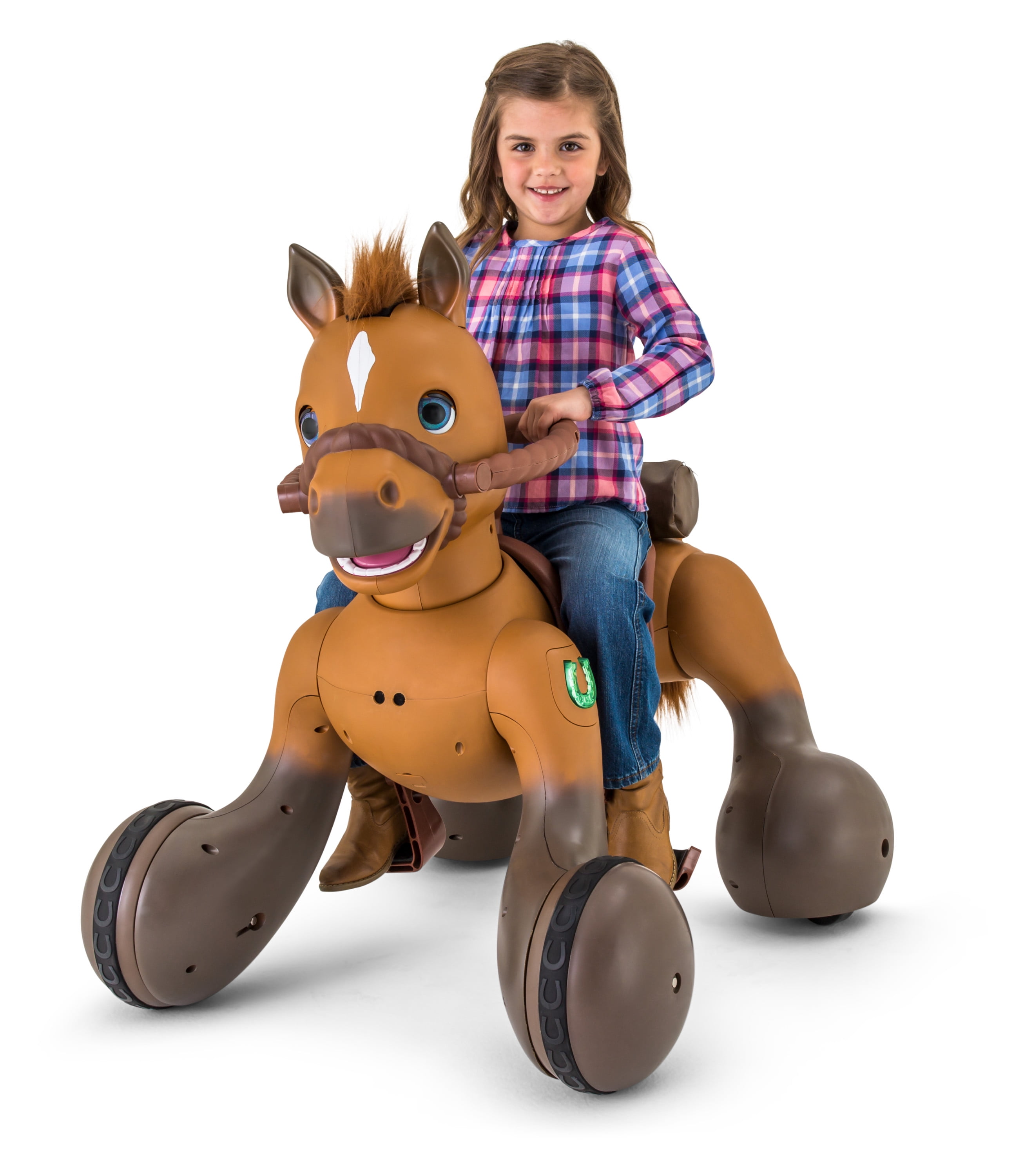 Kids Ride-On Rolling Horse Interactive Battery Operated Toy Plush Brown 