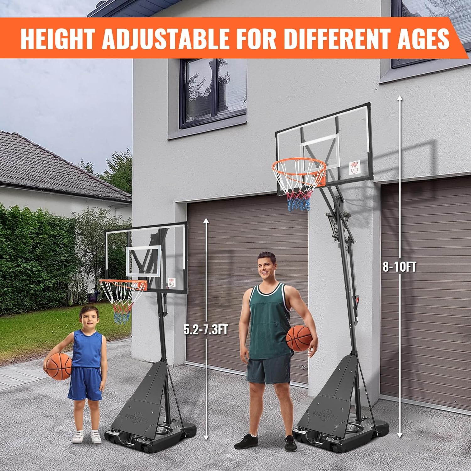 Basketball Hoop Outdoor, 5.2-10FT Height Adjustable Portable Basketball Hoops with 44 Inch Shatterproof Backboard, Basketball Goal System for Kids Youth and Adults in Backyard/Driveway/Indoor
