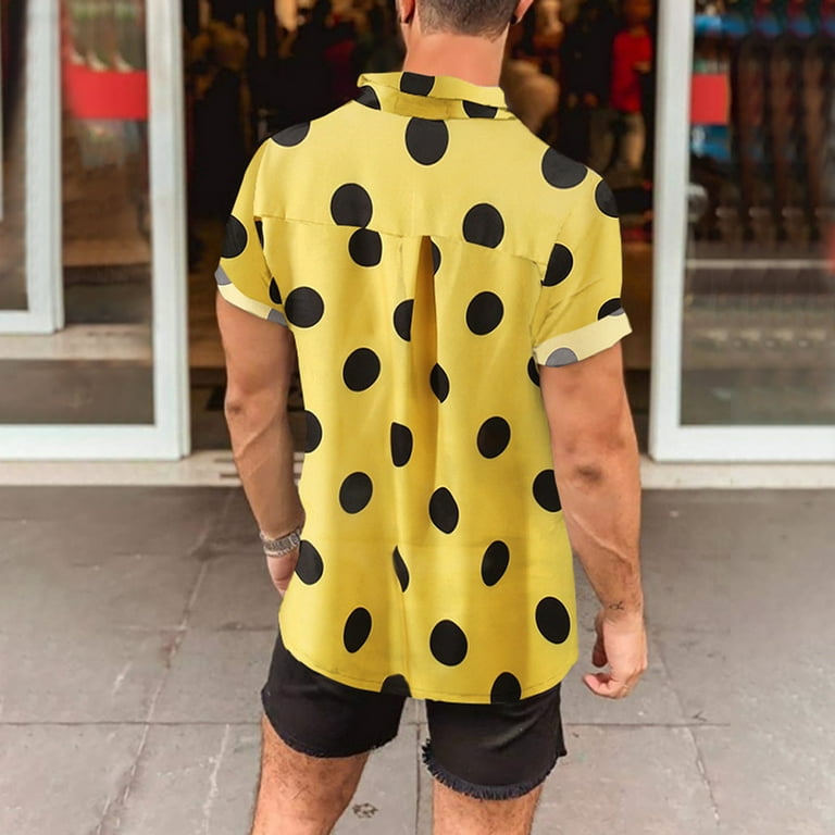 JWZUY Men's Polka Dot Print Casual Shirt Short Sleeve Summer Casual Button  Down Shirts Yellow L