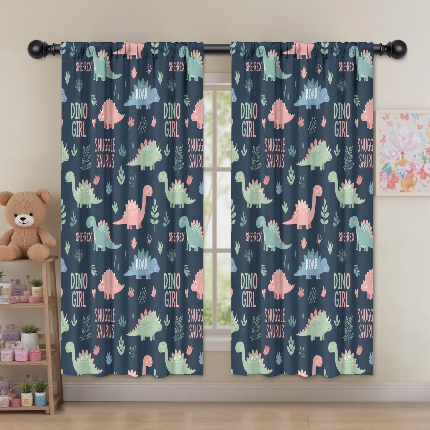 Blackout Kids Curtains,Dark Blue Girl Themed Dinosaurs Pattern Childrens Insulated Curtains Set Of 2,Bedroom Essentials,Toddler Room Decor 52"x63"