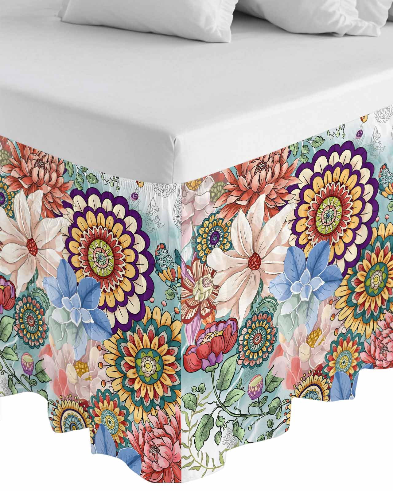 Boho Floral Bed Skirt Queen Size, Bohemia Colorful Mandalas Botanical Flower Wrap Around Bed Skirting with Adjustable Elastic Strap, Dust Ruffle Pleated Bedskirts 16 Inch Drop for Bedroom Queen Beds
