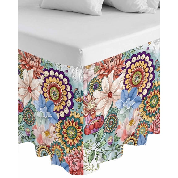 Boho Floral Wrap Around Bed Skirts for Queen Bed 16" Drop,Bed Skirt with Adjustable Elastic Belt Dust Ruffle Bed Valance for Bedroom Hotel Bohemia Colorful Mandalas Botanical Flower Bed Frame Cover