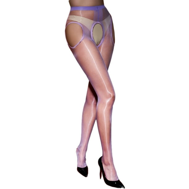 Medias finas transparentes y brillantes para mujer - Cuatro aberturas en la entrepierna, negro/blanco, nailon/spandex - Talla única