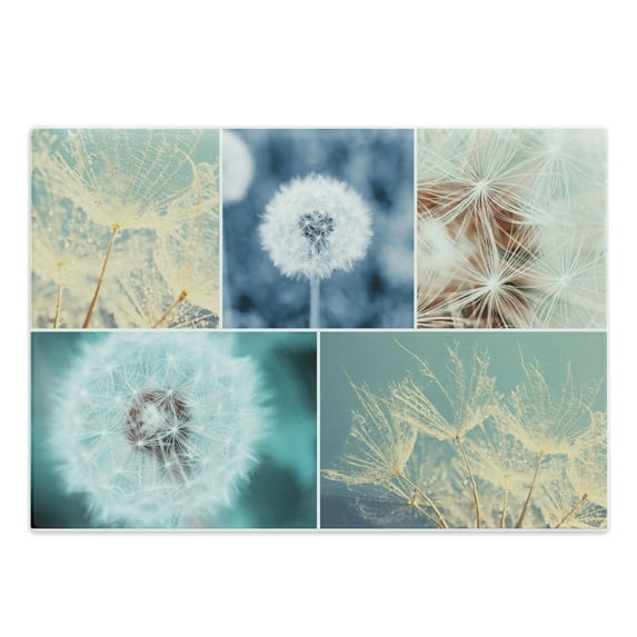 Dandelion Cutting Board, Blooming Dandelion Flowers Fluffy Soft Purity Fragrance Natural Organic Color Collage, Decorative Tempered Glass Cutting and Serving Board, Large Size, Blue, by Ambesonne