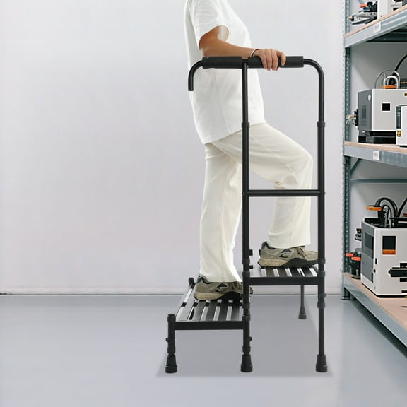 2-Step Floor Standing Stool with Handle, Black Floor Standing Metal Stepping Stool for Homes, Libraries