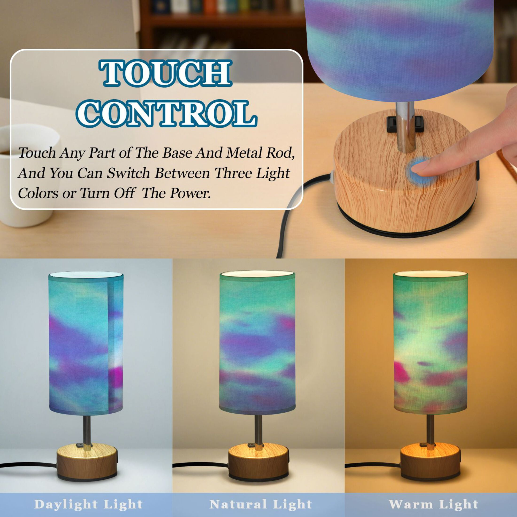 Touch-Control 3-Color Desk Lamp with Plug – Energy-Saving LED + 3 Simultaneous Charging Ports Gradient Tie-dye