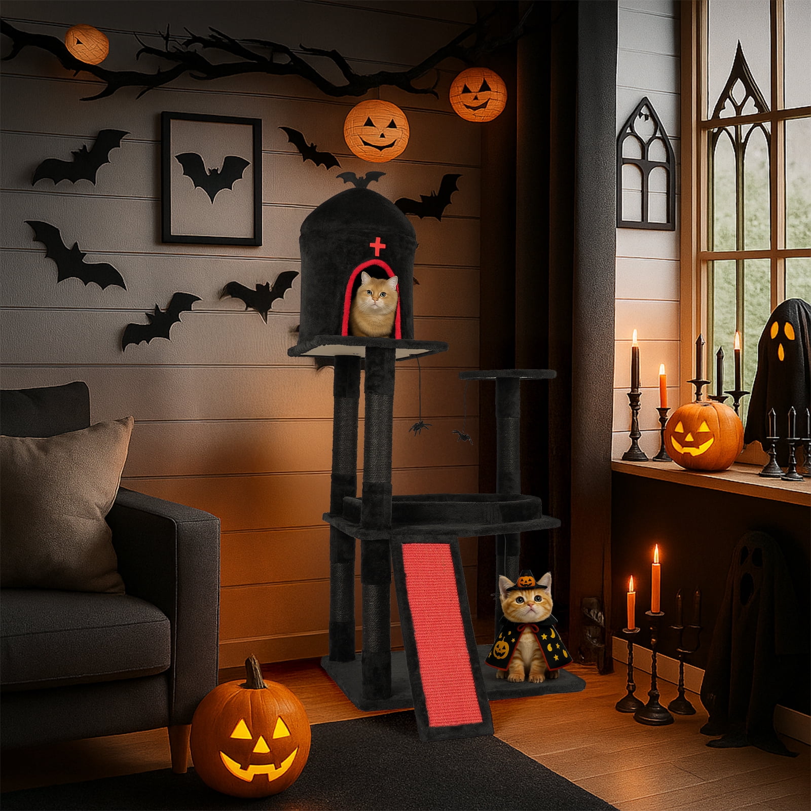 Ktaxon Large Halloween Cat Tree w/ Coffin Hideout & Scratcher, 2-Level for Large Cats, Black Red