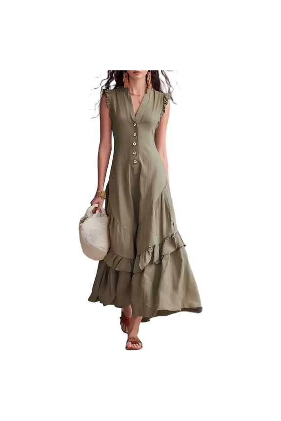 Button Down Maxi Dress for Women Tiered Ruffle A-Line Summer Long Dress Casual Sleeveless V-Neck Tank Dress