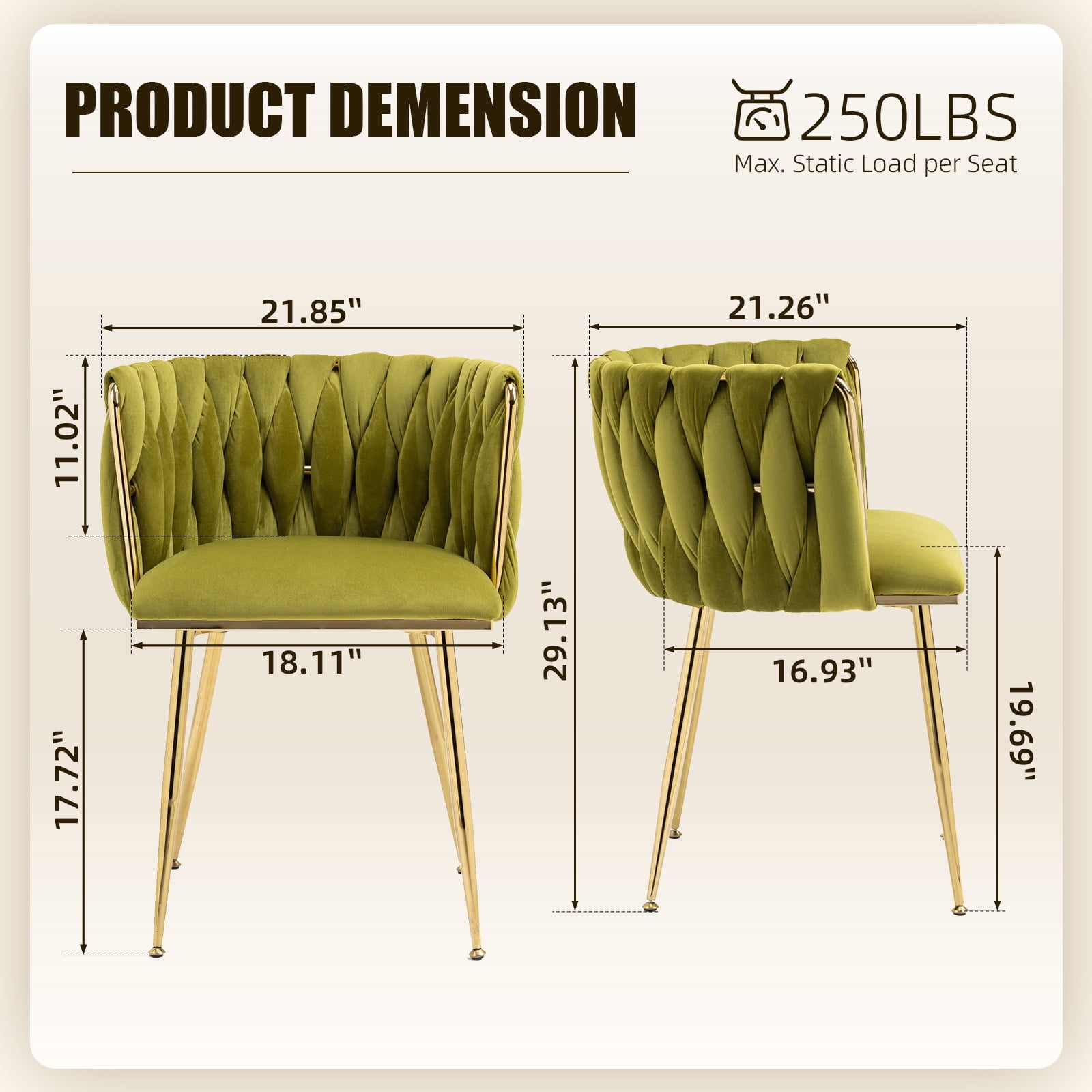 MOONMISS Dining Chairs Set of 2 with Metal Legs for Kitchen Dinning Room,Olive