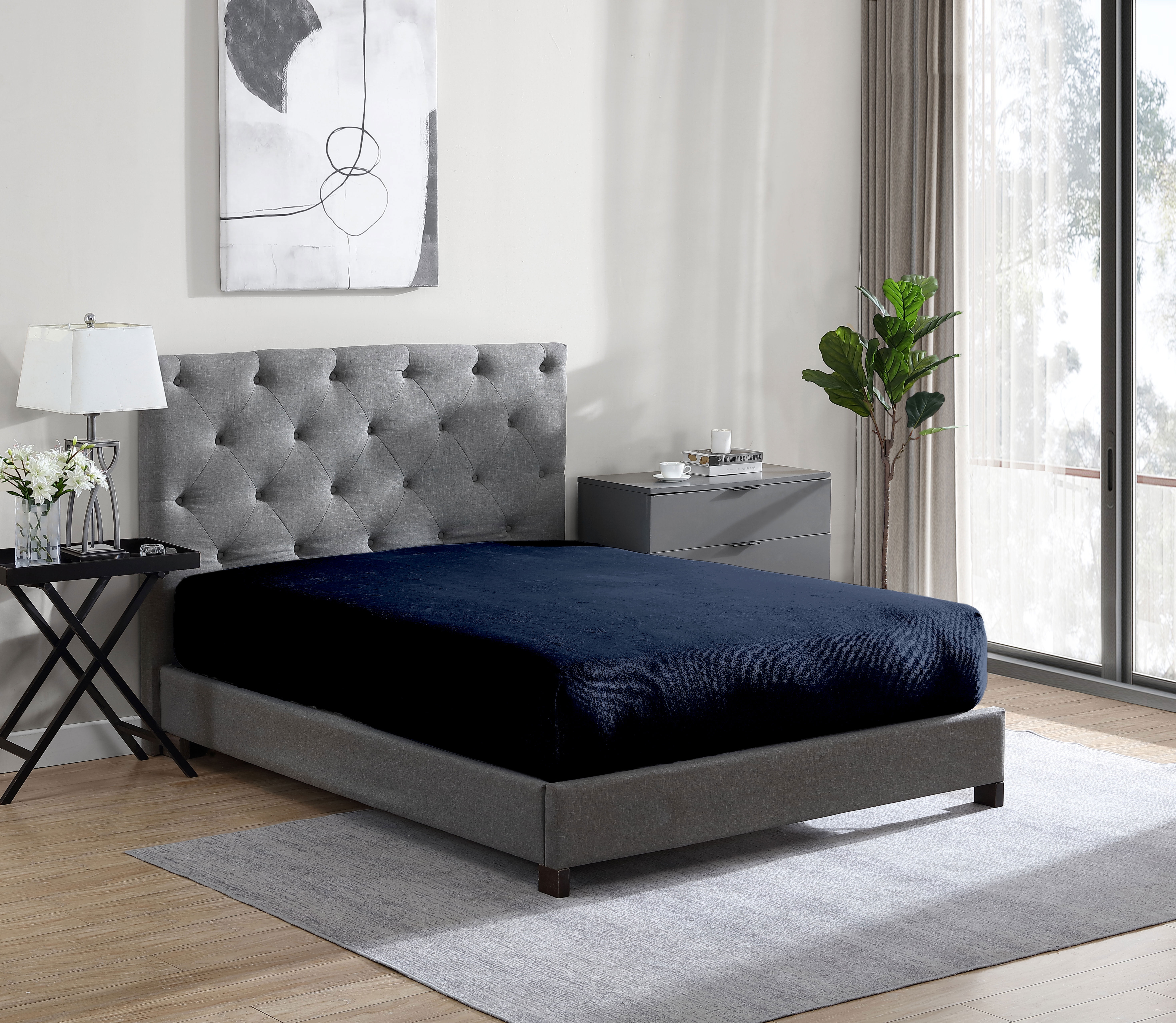 Swift Home Luxury 1 Piece Flannel Plush Fur Fitted Sheet, Ultra-Soft, Deep Pocket Fit, All Season Warmth, Double Size, Navy