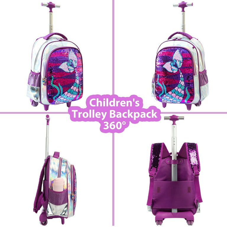 lvyH Rolling Backpack 3PCS for Girls with Pencil Case and Lunch Bag,16''  Kids Sequin Rolling School Bag for Teenage Child,Purple Mermaid 