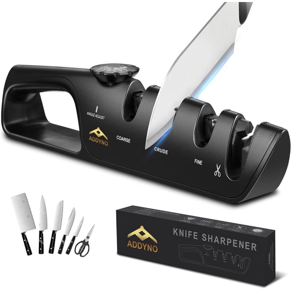 4-in-1 Knife Sharpener with Angle Guide, Adjustable Edge,3-Stage Coarse–Sharpen–Fine   Scissors Slot, Non-Slip Base & Ergonomic Handle for Kitchen Knives