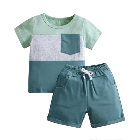 Toddler Infant Baby Boy Clothes Short Sleeve Contrast Color Tops and Shorts Casual Summer Outfits Set Blue 9-12 Months