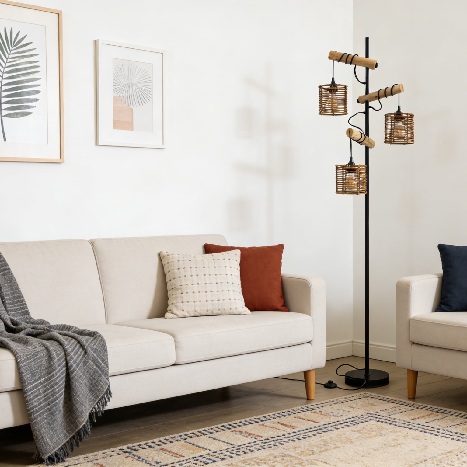 Unique  Tree  Floor Lamp Rattan Shade with  Standing Lamps Decor for Bedroom Living Room Office
