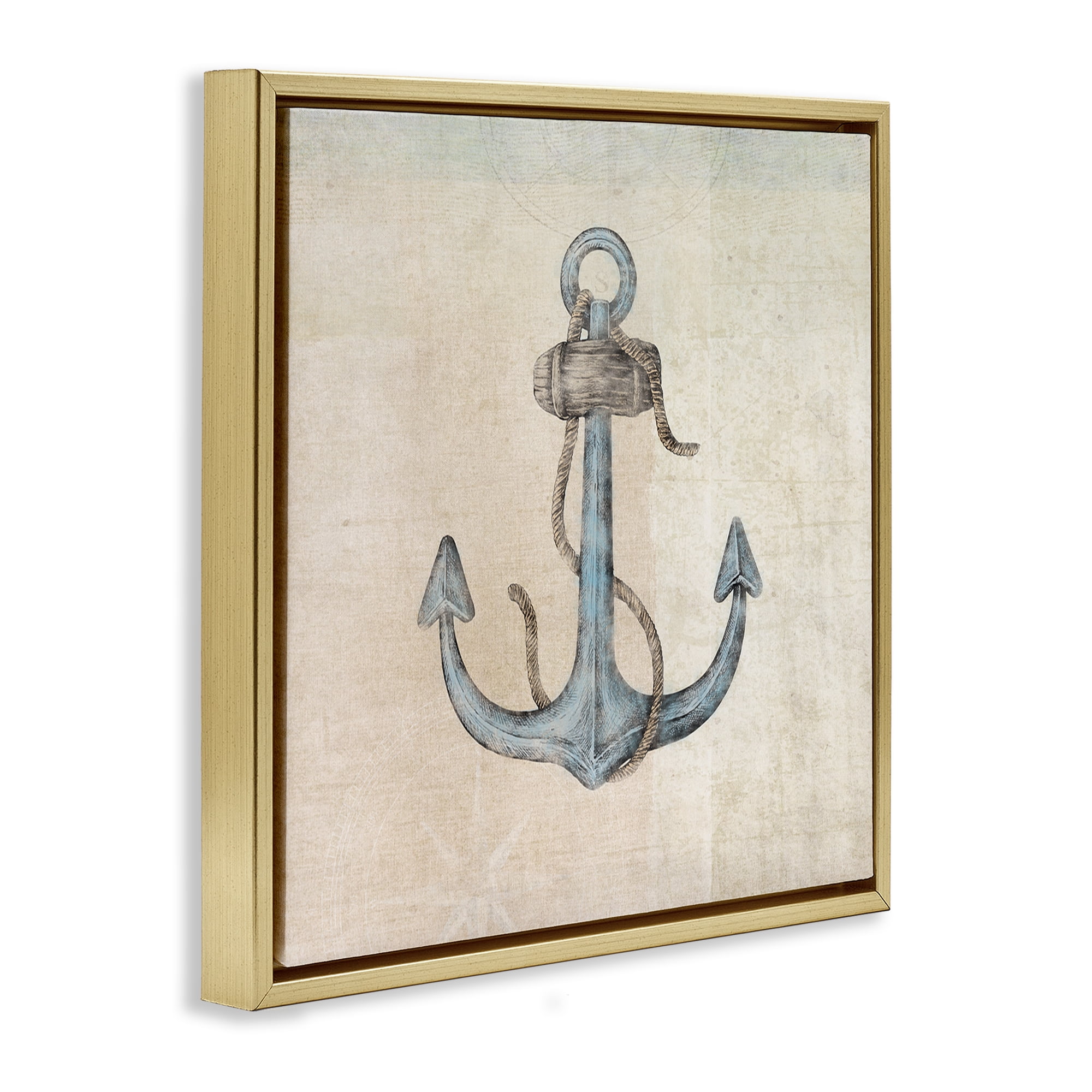 Stupell Industries Rustic Maritime Anchor Nautical & Beach Painting Gold Floater Framed Canvas Art Print Wall Art, 25 x 25
