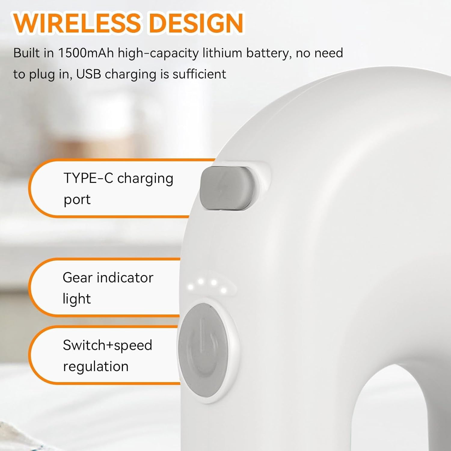 Cordless Hand Mixer, Handheld Egg Beater Electric Handheld 4 Speed Adjustable Mini Hand Mixer Electric Mixer, USB Charing, 1500mAh(White)