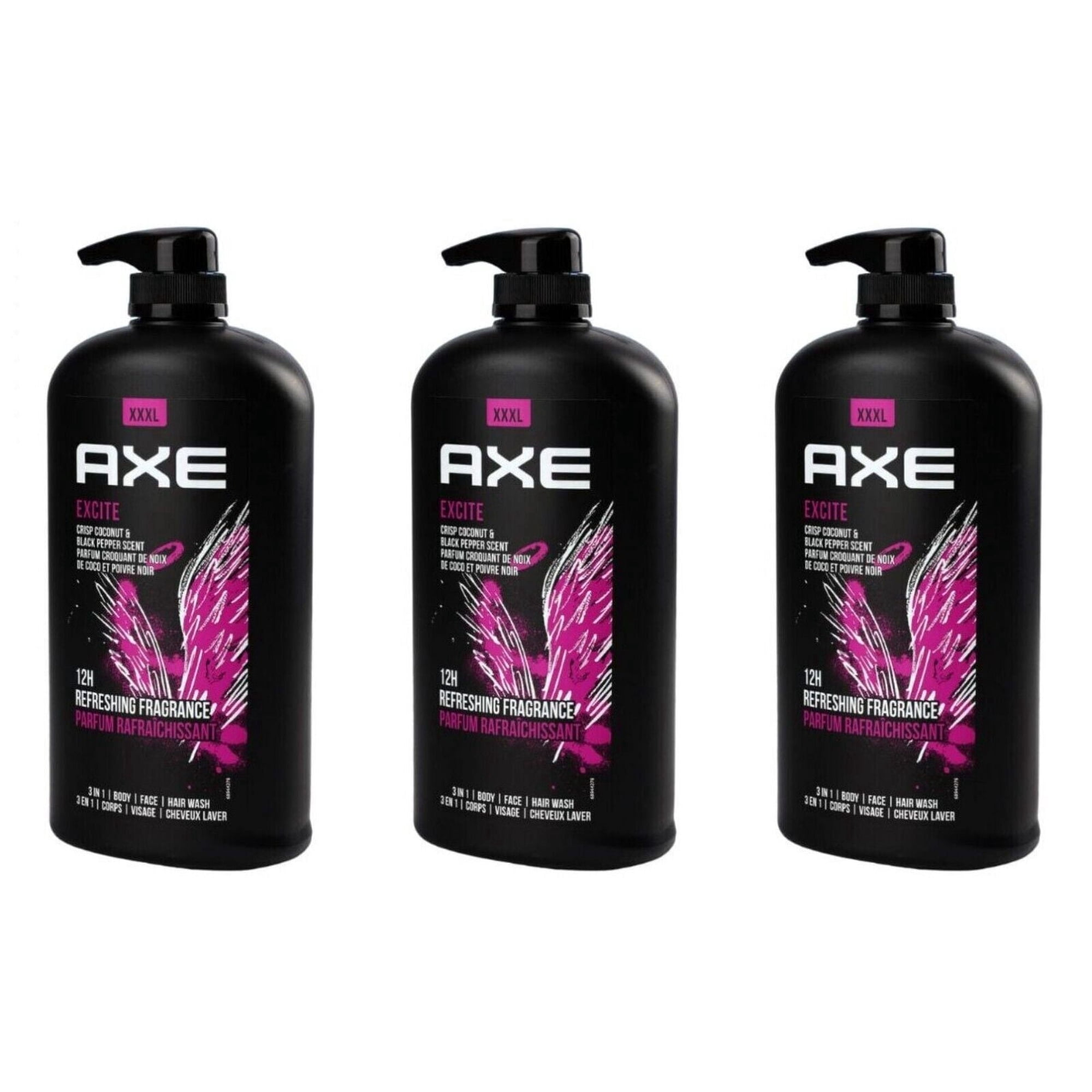 AXE Mens Liquid Body Wash & Shower Gel Excite Crisp Coconut & Black Pepper, 3PK
