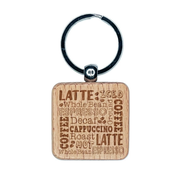 Coffee Words Square Keychain Charm Tag - Engraved Wood