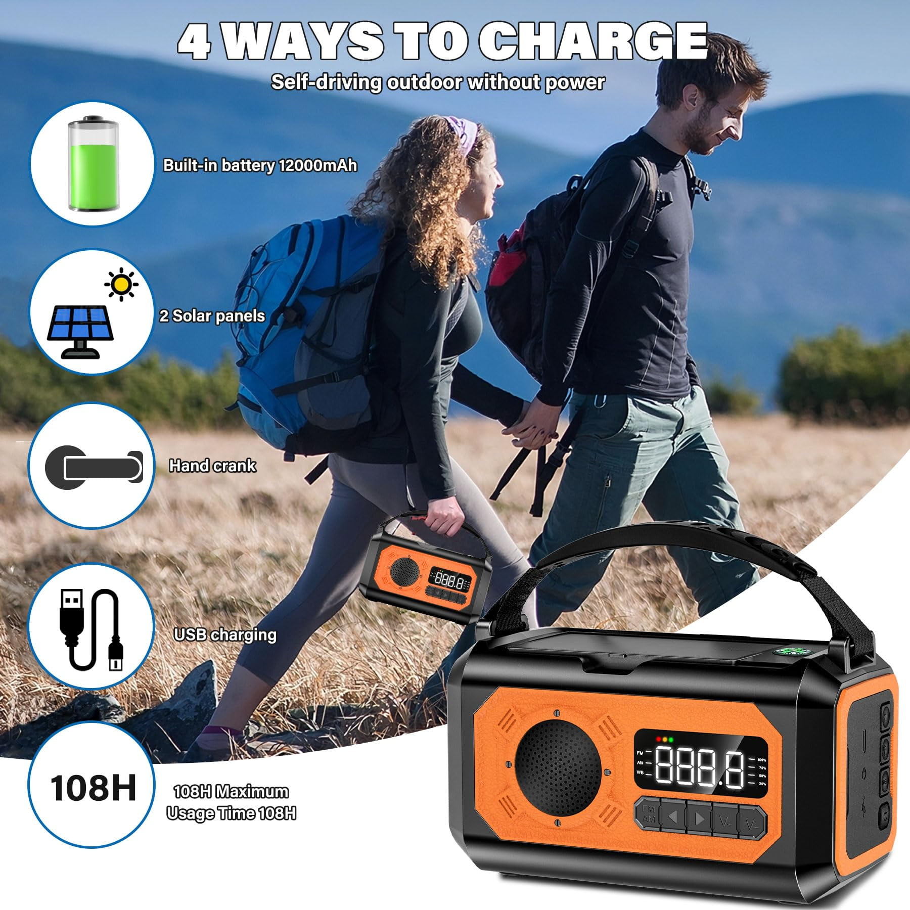 KOGYAS Emergency Weather Radio, 12000mAh Hand Crank Radio,Portable AM/FM/NOAA Radio with 2 Solar Panels,Multi-Function Solar Radio with Flashlight Reading Lamp SOS,Compass,Power Bank(Orange)