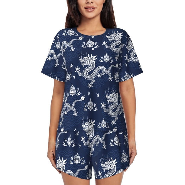 Balery Dragon Conjunto de Pijama para Mujer con Estampado, Dos Piezas de Manga Corta y Shorts, Ropa de Dormir Suave con Cuello Redondo y Bolsillos-Small