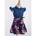 thumbnail image 6 of iiniim Kids Girls Spliced Cotton Dress Denim Lapel Collar Flying Sleeve Shirt with Floral Swing Skirt Set Size 2-14 Purple 4, 6 of 7