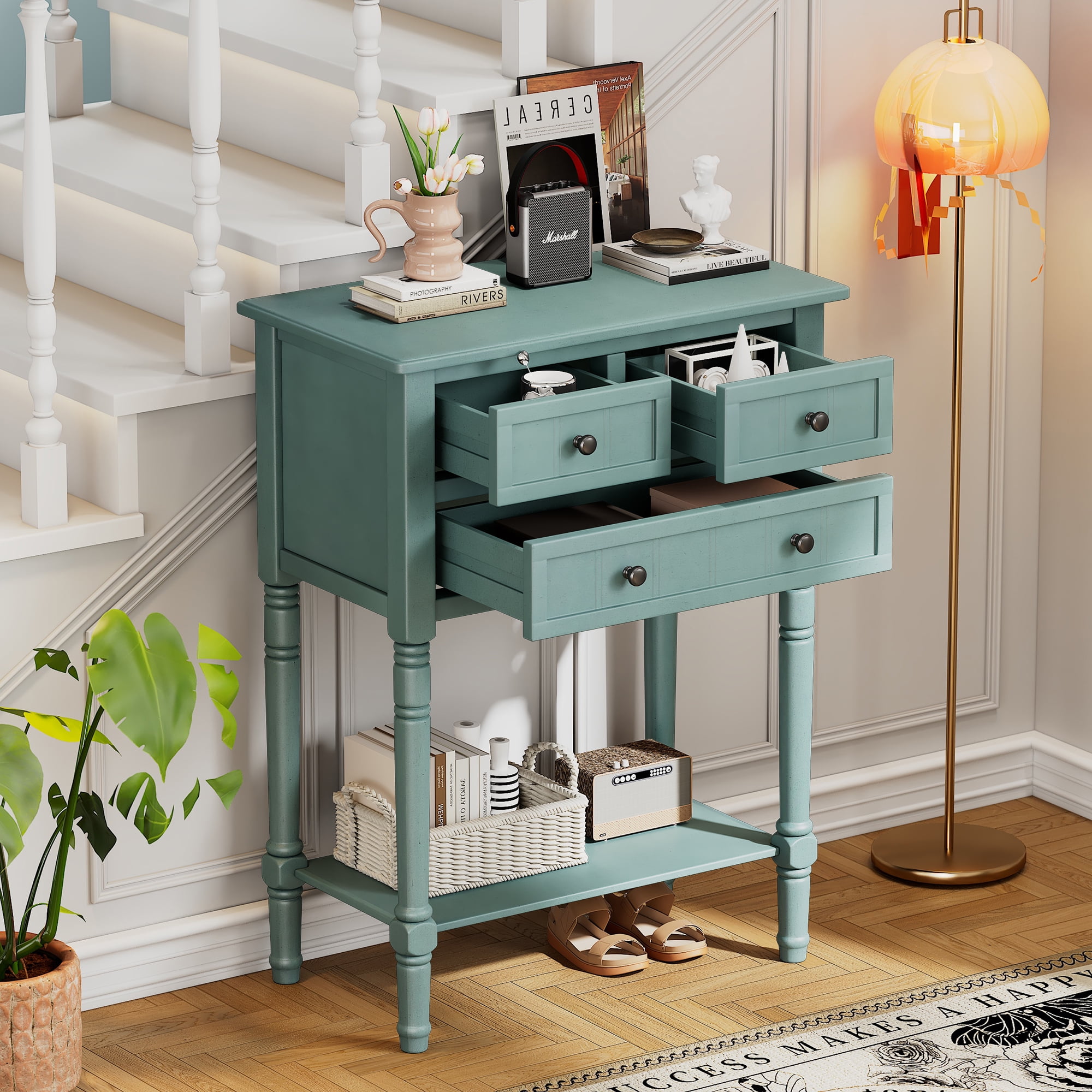 Harper & Bright Designs Narrow Console Table with Storage Drawers and Bottom Shelf for Entryway Living Room, Retro Console Table for Small Space, Light Blue