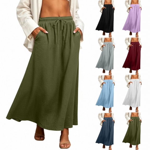 ShomPort Maxi Skirt for Women Cotton Linen Summer Causal Elastic Waist Drawstring A-Line Long Skirts Vacation