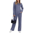thumbnail image 2 of Women's 2 Piece Lounge Set Pleated Crewneck Top and Wide Leg Pants Relaxed Casual Fleece Travel Matching Outfit, 2 of 7