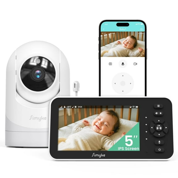 Simyke Video Baby Monitor with Camera and Audio,5'' IPS Screen,720P HD,App,Remote Pan/Tilt/Zoom Camera,Lullabies,Feeding Remind,HD Night Vision, VOX,2-Way Talk,Triple Security,1500ft Long Range