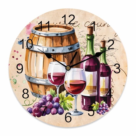 Wall Clock 14 inch Wine Grape Battery Operated Clocks Silent Non-Ticking Wallclock Vintage Watercolor Wine Barrel Round Decorative Wall Clocks for Home Office School