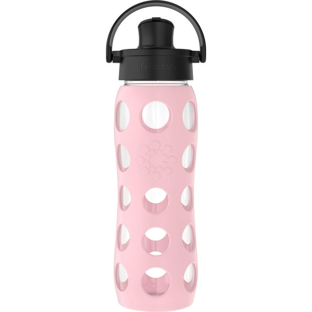 Lifefactory Botella de agua de vidrio de 22 onzas con tapa abatible activa y funda protectora de silicona Desert Rose