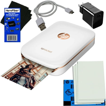 HP Sprocket Photo Printer, Print Social Media Photos on 2x3 Sticky-Backed Paper (White) + Photo Paper (10 sheets) + USB Cable with Wall Adapter Charger + HeroFiber Ultra Gentle Cleaning