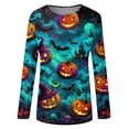 thumbnail image 6 of IYYVV Womens Halloween Shirts Long Sleeve Crewneck Casual Dressy Tops Funny Ghost Pumpkin Graphic Halloween Fall Fashion Tops Cyan XL, 6 of 7