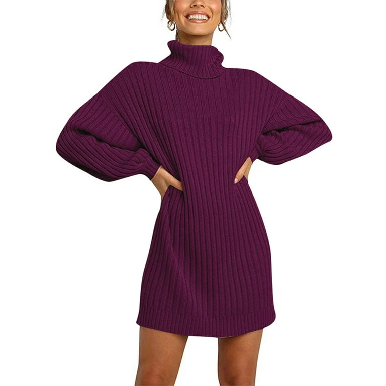 Women Fashion Casual Solid Long Sleeve Sweater Dress Turtleneck Sweater  Pullover Dress Winter Date Night Dress Dress Women Long Petite Dresses for  Leggings Sweater Dress Long Sweater Dresses for Women