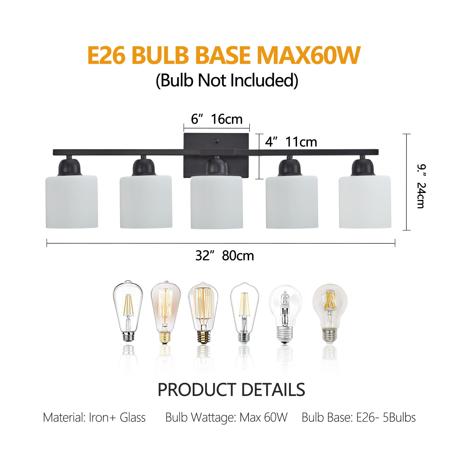 Miniyam 31.5 in 5 Light Black Vanity Light for Bathroom, Wall-Mounted Fixtures Over Mirror, E26, No Bulbs Included