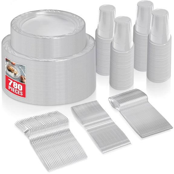 780 Piece Clear Plastic Dinnerware Set, Service for 120 Guests, Heavy Duty Every Day Use Plastic Plates, Cups, and Utensils, Disposable Dinnerware Set for Weddings, Graduations, and Birthday Parties