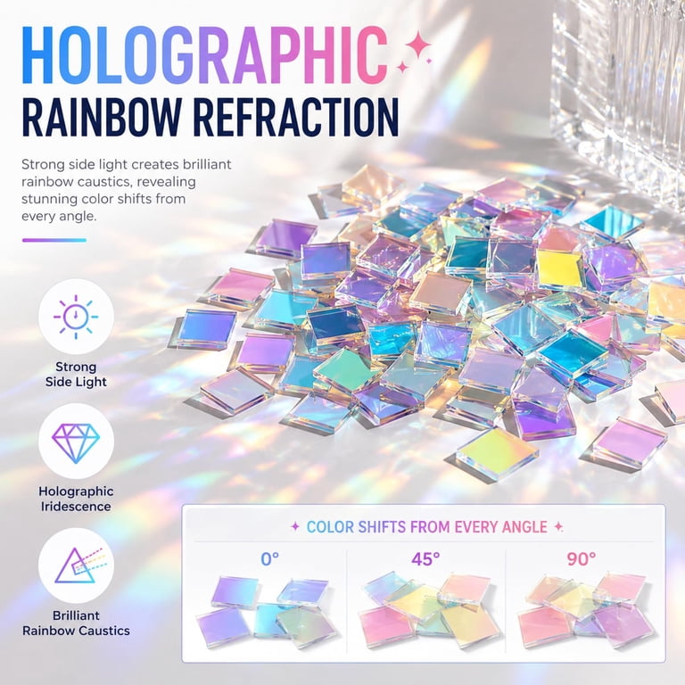 100 Carrés Acryliques Holographiques Arc-en-ciel – 2x2x0,5 Cm – DIY Mosaïque, Bijoux, Résine – Art Créatif