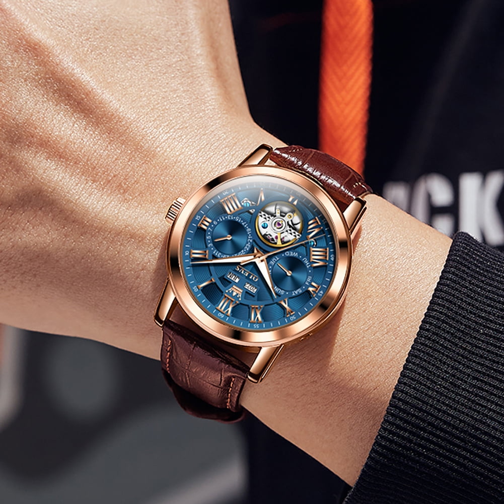 OLEVS Automatic Watches for Men Self Winding Mechanical Skeleton Flywheel Multifunction Luxury Dress Roma Rumerals Calendar Waterproof Luminous Men Wrist Watches Leather
