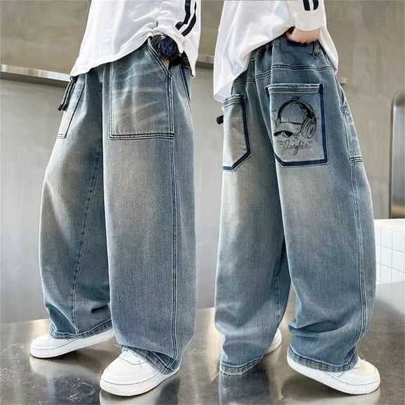 Boys Jeans Size 3-4Y Straight Wide Leg Denim Trousers Comfortable Big Youth Playwear Spring Loose Casual Kids Pants Blue
