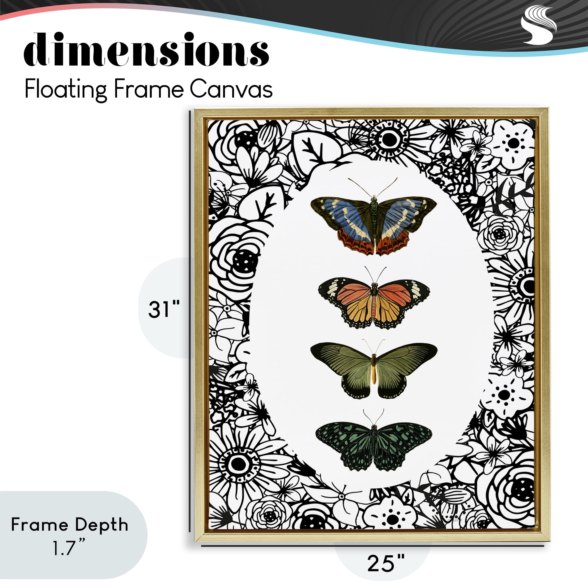 Stupell Industries Floral Border Butterfly Lineup Gold Framed Floater Canvas Wall Art, design by Dan Meneely
