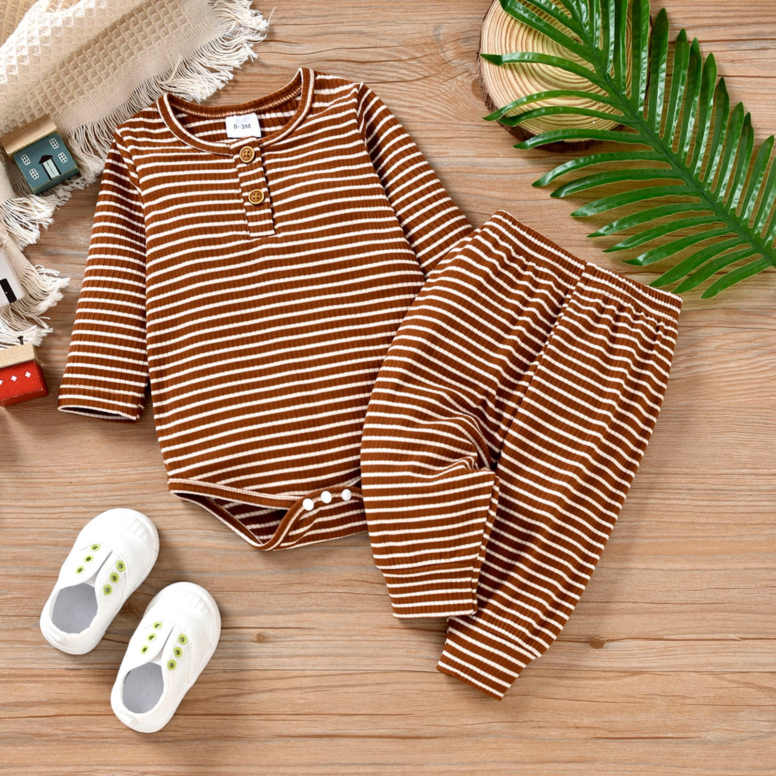 Big Kid Boys Clothes Baby Boy Clothes Gift Set Outfits Boys Top Pants Boys Infant Romper Stripe Ruffles Sleeve Baby Two Piecees Kid Clothing Brown 6 9